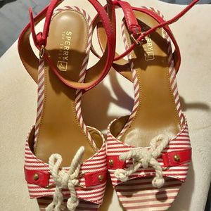 Size 9 Sperry Top Slider red and white wedge heels